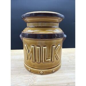 Vintage 1970s yellow and brown drip glaze ceramic milk can canister
